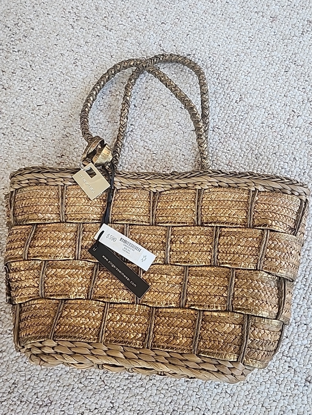 Zingara Woven Straw Beach Tote Bag Purse Tropical Cruise Travel Gold NEW w/ Tags